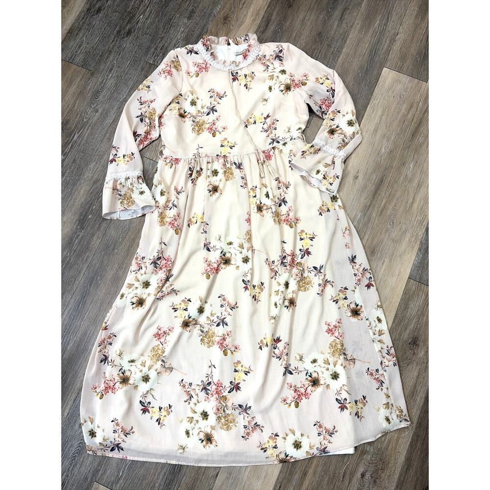 ER COOL Vintage Floral Maxi Dress Womens Size 48 US 14 Large Beige Cottagecore